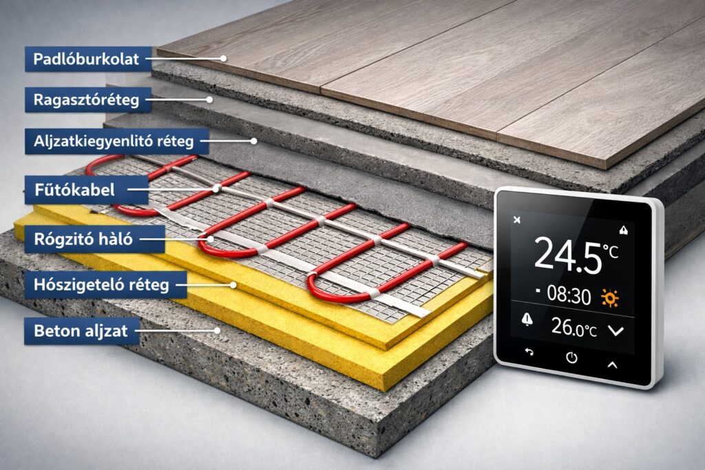 Elektromos padlófűtés rétegrend tervezése fűtőkábeles megoldással és érintőképernyős termosztáttal Ingyenes Elektromos fűtőkábel tervezése