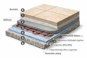Elektromos padlófűtés fűtőkábellel betonban, részletes rétegrend EPS/XPS hőszigeteléssel és burkolattal