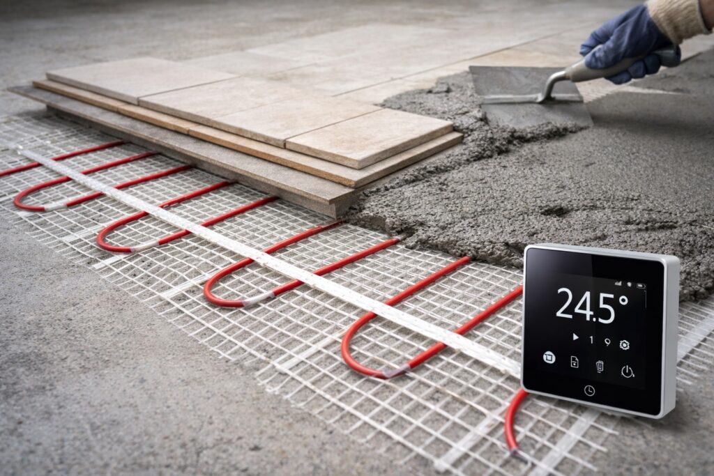 Elektromos padlófűtés kivitelezés fűtőkábel szerelése beton alá