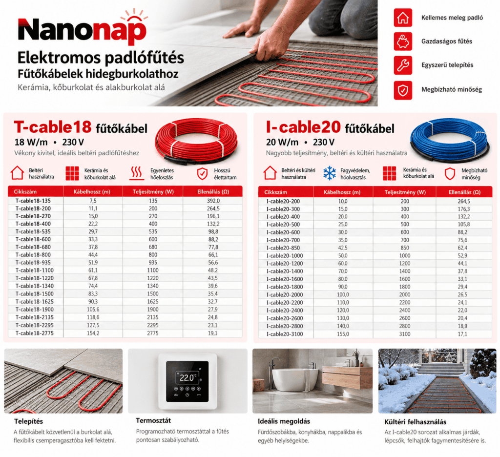 Elektromos padlófűtési kábelek – Nanonap szemléltető ábra